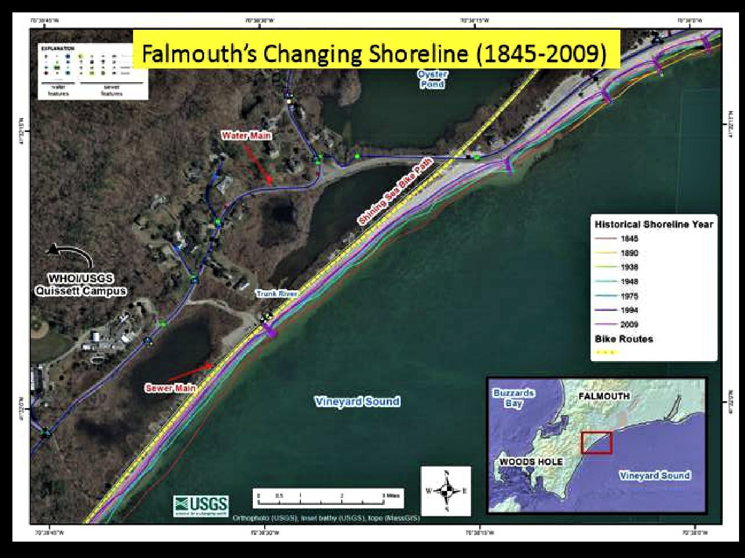Map showing water increasing along the shore near oyster pond